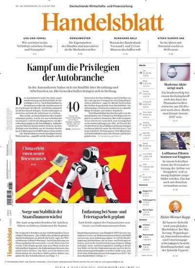 Titelbild der Ausgabe 160/2026 von Handelsblatt. Diese Zeitschrift und viele weitere Zeitungsabos als Abo oder epaper bei United Kiosk online kaufen.