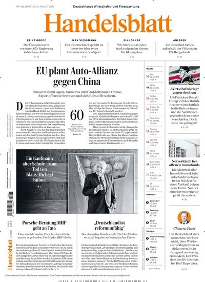 Titelbild der Ausgabe 163/2026 von Handelsblatt. Diese Zeitschrift und viele weitere Zeitungsabos als Abo oder epaper bei United Kiosk online kaufen.