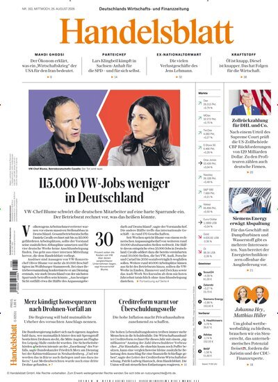 Titelbild der Ausgabe 164/2026 von Handelsblatt. Diese Zeitschrift und viele weitere Zeitungsabos als Abo oder epaper bei United Kiosk online kaufen.