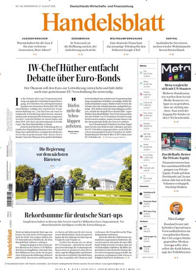 Titelbild der Ausgabe 165/2026 von Handelsblatt. Diese Zeitschrift und viele weitere Zeitungsabos als Abo oder epaper bei United Kiosk online kaufen.