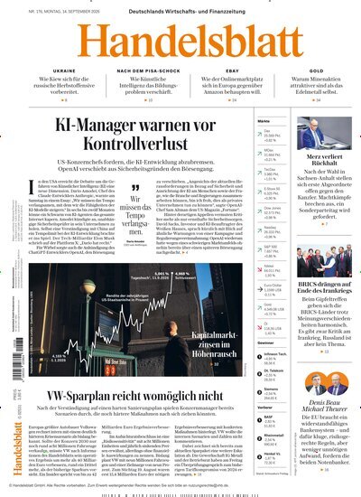 Titelbild der Ausgabe 177/2026 von Handelsblatt. Diese Zeitschrift und viele weitere Zeitungsabos als Abo oder epaper bei United Kiosk online kaufen.