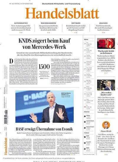 Titelbild der Ausgabe 187/2026 von Handelsblatt. Diese Zeitschrift und viele weitere Zeitungsabos als Abo oder epaper bei United Kiosk online kaufen.