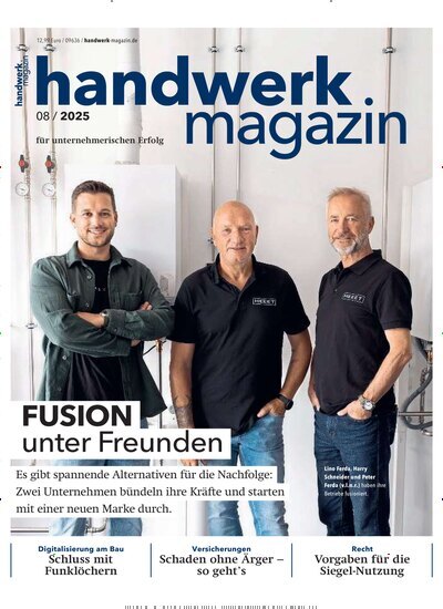 Titelbild der Ausgabe 8/2025 von handwerk magazin. Diese Zeitschrift und viele weitere Architekturzeitschriften und Bauzeitschriften als Abo oder epaper bei United Kiosk online kaufen.