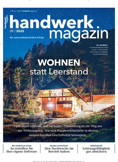 Titelbild der Ausgabe 9/2025 von handwerk magazin. Diese Zeitschrift und viele weitere Architekturzeitschriften und Bauzeitschriften als Abo oder epaper bei United Kiosk online kaufen.