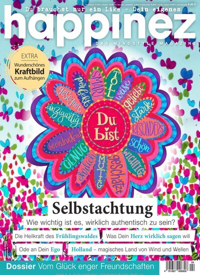 Titelbild der Ausgabe 4/2025 von Happinez. Diese Zeitschrift und viele weitere Frauenzeitschriften als Abo oder epaper bei United Kiosk online kaufen.
