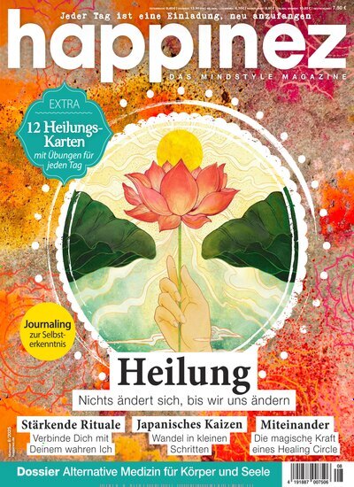 Titelbild der Ausgabe 8/2025 von Happinez. Diese Zeitschrift und viele weitere Frauenzeitschriften als Abo oder epaper bei United Kiosk online kaufen.