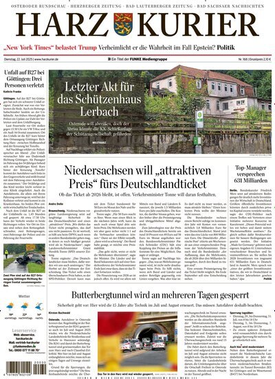 Titelbild der Ausgabe 168/2025 von Harz Kurier. Diese Zeitschrift und viele weitere Zeitungsabos als Abo oder epaper bei United Kiosk online kaufen.