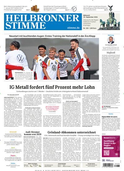 Titelbild der Ausgabe 220/2026 von Heilbronner Stimme Ausgabe Landkreis Nord. Diese Zeitschrift und viele weitere Zeitungsabos als Abo oder epaper bei United Kiosk online kaufen.