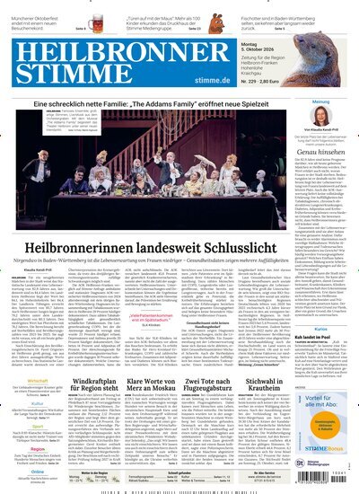 Titelbild der Ausgabe 229/2026 von Heilbronner Stimme Ausgabe Landkreis Nord. Diese Zeitschrift und viele weitere Zeitungsabos als Abo oder epaper bei United Kiosk online kaufen.