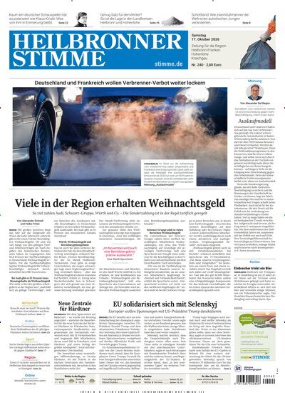 Titelbild der Ausgabe 240/2026 von Heilbronner Stimme Ausgabe Landkreis Nord. Diese Zeitschrift und viele weitere Zeitungsabos als Abo oder epaper bei United Kiosk online kaufen.