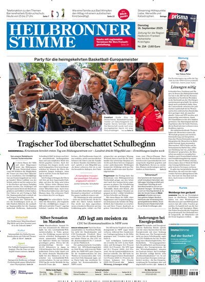 Titelbild der Ausgabe 214/2025 von Heilbronner Stimme Ausgabe Landkreis Ost. Diese Zeitschrift und viele weitere Zeitungsabos als Abo oder epaper bei United Kiosk online kaufen.
