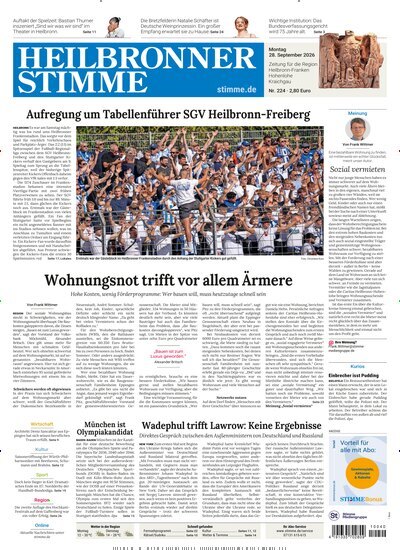 Titelbild der Ausgabe 224/2026 von Heilbronner Stimme Ausgabe Landkreis West. Diese Zeitschrift und viele weitere Zeitungsabos als Abo oder epaper bei United Kiosk online kaufen.