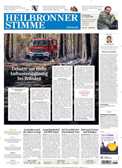 Titelbild der Ausgabe 191/2026 von Heilbronner Stimme Stadtausgabe. Diese Zeitschrift und viele weitere Zeitungsabos als Abo oder epaper bei United Kiosk online kaufen.