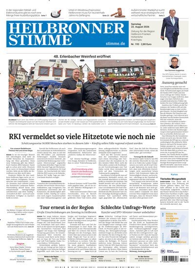 Titelbild der Ausgabe 193/2026 von Heilbronner Stimme Stadtausgabe. Diese Zeitschrift und viele weitere Zeitungsabos als Abo oder epaper bei United Kiosk online kaufen.
