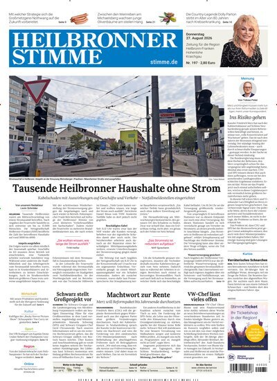 Titelbild der Ausgabe 197/2026 von Heilbronner Stimme Stadtausgabe. Diese Zeitschrift und viele weitere Zeitungsabos als Abo oder epaper bei United Kiosk online kaufen.