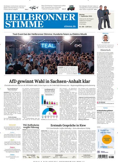 Titelbild der Ausgabe 206/2026 von Heilbronner Stimme Stadtausgabe. Diese Zeitschrift und viele weitere Zeitungsabos als Abo oder epaper bei United Kiosk online kaufen.