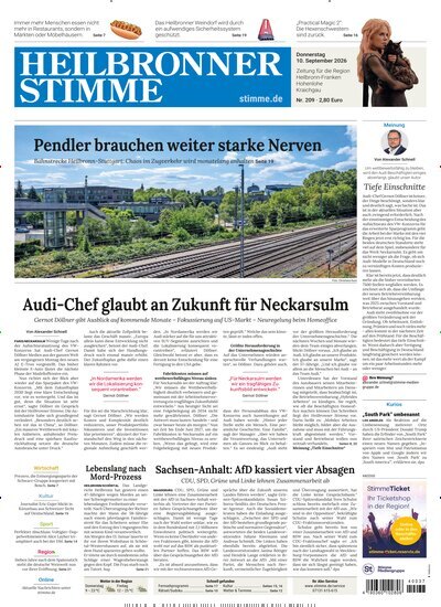 Titelbild der Ausgabe 209/2026 von Heilbronner Stimme Stadtausgabe. Diese Zeitschrift und viele weitere Zeitungsabos als Abo oder epaper bei United Kiosk online kaufen.