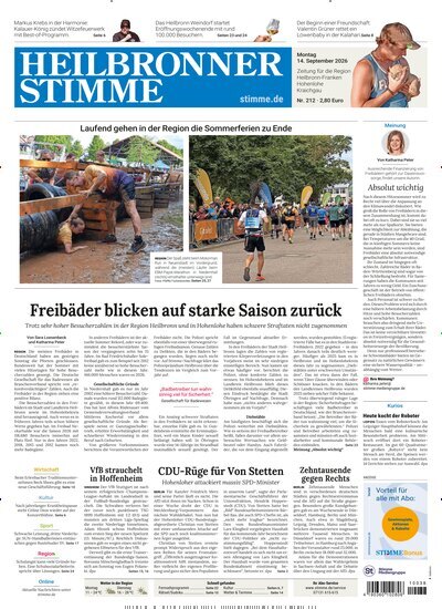 Titelbild der Ausgabe 212/2026 von Heilbronner Stimme Stadtausgabe. Diese Zeitschrift und viele weitere Zeitungsabos als Abo oder epaper bei United Kiosk online kaufen.