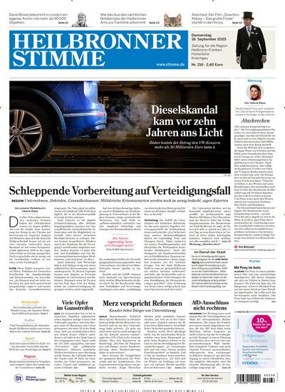 Titelbild der Ausgabe 216/2025 von Heilbronner Stimme Stadtausgabe. Diese Zeitschrift und viele weitere Zeitungsabos als Abo oder epaper bei United Kiosk online kaufen.