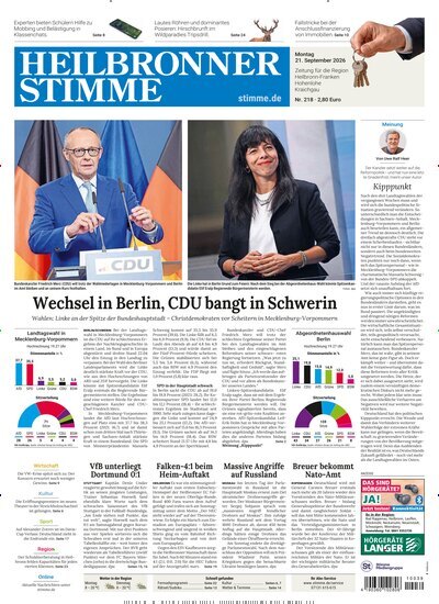 Titelbild der Ausgabe 218/2026 von Heilbronner Stimme Stadtausgabe. Diese Zeitschrift und viele weitere Zeitungsabos als Abo oder epaper bei United Kiosk online kaufen.