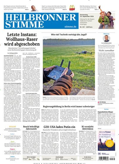 Titelbild der Ausgabe 221/2026 von Heilbronner Stimme Stadtausgabe. Diese Zeitschrift und viele weitere Zeitungsabos als Abo oder epaper bei United Kiosk online kaufen.