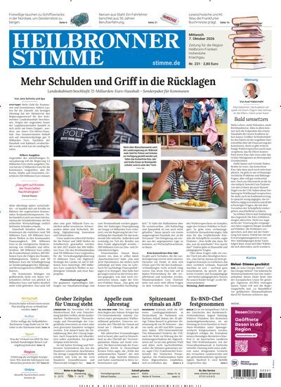 Titelbild der Ausgabe 231/2026 von Heilbronner Stimme Stadtausgabe. Diese Zeitschrift und viele weitere Zeitungsabos als Abo oder epaper bei United Kiosk online kaufen.
