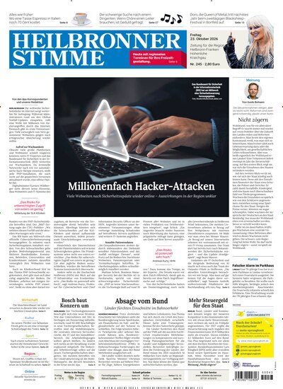 Titelbild der Ausgabe 245/2026 von Heilbronner Stimme Stadtausgabe. Diese Zeitschrift und viele weitere Zeitungsabos als Abo oder epaper bei United Kiosk online kaufen.