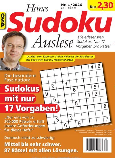 Titelbild der Ausgabe 1/2026 von Heines Sudoku Auslese. Diese Zeitschrift und viele weitere Groschenromane und Rätselhefte als Abo oder epaper bei United Kiosk online kaufen.