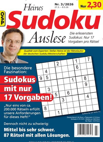 Titelbild der Ausgabe 3/2026 von Heines Sudoku Auslese. Diese Zeitschrift und viele weitere Groschenromane und Rätselhefte als Abo oder epaper bei United Kiosk online kaufen.