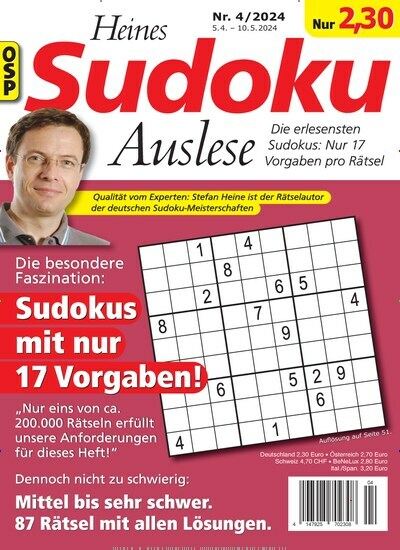 Titelbild der Ausgabe 4/2024 von Heines Sudoku Auslese. Diese Zeitschrift und viele weitere Groschenromane und Rätselhefte als Abo oder epaper bei United Kiosk online kaufen.
