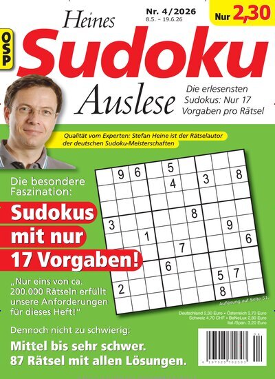 Titelbild der Ausgabe 4/2026 von Heines Sudoku Auslese. Diese Zeitschrift und viele weitere Groschenromane und Rätselhefte als Abo oder epaper bei United Kiosk online kaufen.
