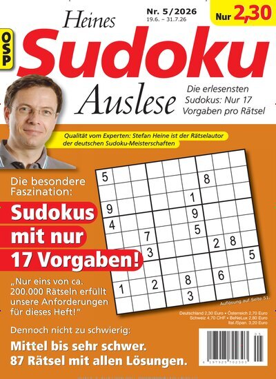 Titelbild der Ausgabe 5/2026 von Heines Sudoku Auslese. Diese Zeitschrift und viele weitere Groschenromane und Rätselhefte als Abo oder epaper bei United Kiosk online kaufen.