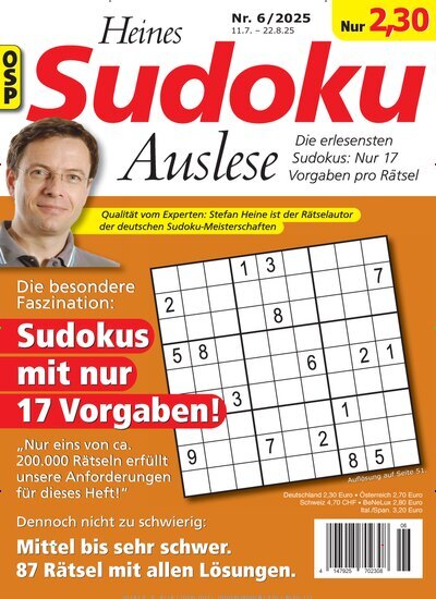 Titelbild der Ausgabe 6/2025 von Heines Sudoku Auslese. Diese Zeitschrift und viele weitere Groschenromane und Rätselhefte als Abo oder epaper bei United Kiosk online kaufen.
