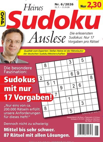 Titelbild der Ausgabe 6/2026 von Heines Sudoku Auslese. Diese Zeitschrift und viele weitere Groschenromane und Rätselhefte als Abo oder epaper bei United Kiosk online kaufen.