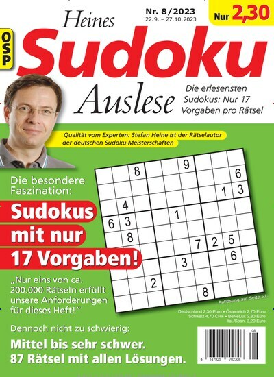 Titelbild der Ausgabe 8/2023 von Heines Sudoku Auslese. Diese Zeitschrift und viele weitere Groschenromane und Rätselhefte als Abo oder epaper bei United Kiosk online kaufen.