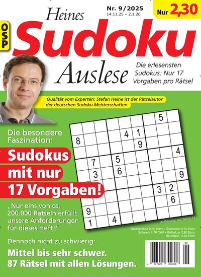 Titelbild der Ausgabe 9/2025 von Heines Sudoku Auslese. Diese Zeitschrift und viele weitere Groschenromane und Rätselhefte als Abo oder epaper bei United Kiosk online kaufen.