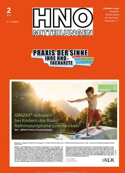 Titelbild der Ausgabe 2/2017 von HNO Mitteilungsblatt des Berufsverbandes der deutschen Hals-, Nasen- und Ohrenärzte. Diese Zeitschrift und viele weitere Pflegezeitschriften und medizinische Fachzeitschriften als Abo oder epaper bei United Kiosk online kaufen.