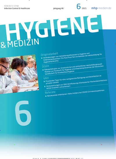 Titelbild der Ausgabe 6/2021 von Hygiene + Medizin. Diese Zeitschrift und viele weitere Pflegezeitschriften und medizinische Fachzeitschriften als Abo oder epaper bei United Kiosk online kaufen.