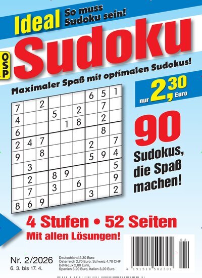 Titelbild der Ausgabe 2/2026 von Ideal Sudoku. Diese Zeitschrift und viele weitere Groschenromane und Rätselhefte als Abo oder epaper bei United Kiosk online kaufen.