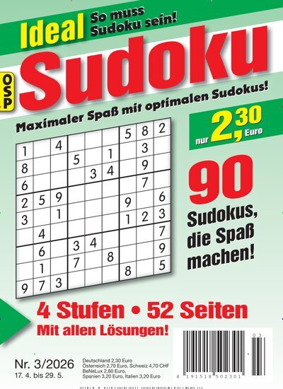 Titelbild der Ausgabe 3/2026 von Ideal Sudoku. Diese Zeitschrift und viele weitere Groschenromane und Rätselhefte als Abo oder epaper bei United Kiosk online kaufen.