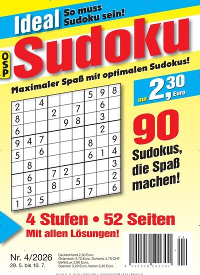 Titelbild der Ausgabe 4/2026 von Ideal Sudoku. Diese Zeitschrift und viele weitere Groschenromane und Rätselhefte als Abo oder epaper bei United Kiosk online kaufen.