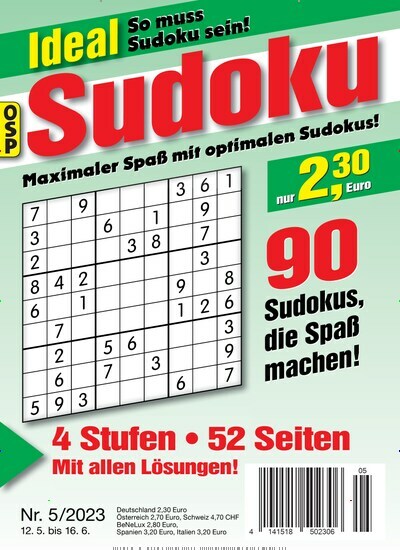 Titelbild der Ausgabe 5/2023 von Ideal Sudoku. Diese Zeitschrift und viele weitere Groschenromane und Rätselhefte als Abo oder epaper bei United Kiosk online kaufen.