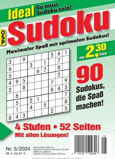 Titelbild der Ausgabe 5/2024 von Ideal Sudoku. Diese Zeitschrift und viele weitere Groschenromane und Rätselhefte als Abo oder epaper bei United Kiosk online kaufen.