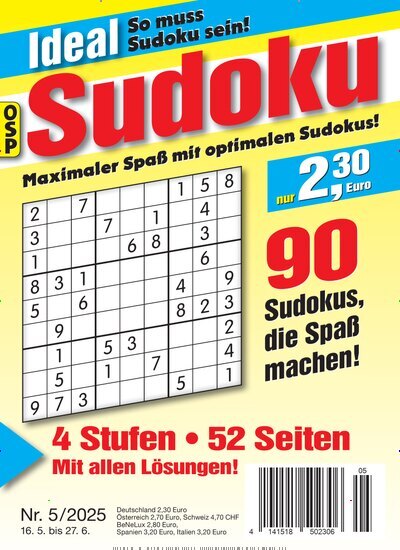 Titelbild der Ausgabe 5/2025 von Ideal Sudoku. Diese Zeitschrift und viele weitere Groschenromane und Rätselhefte als Abo oder epaper bei United Kiosk online kaufen.