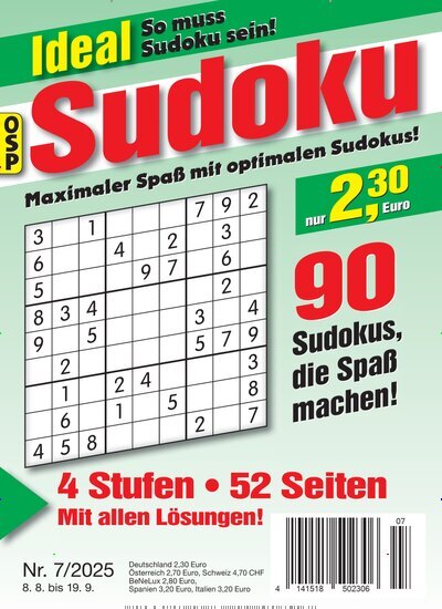 Titelbild der Ausgabe 7/2025 von Ideal Sudoku. Diese Zeitschrift und viele weitere Groschenromane und Rätselhefte als Abo oder epaper bei United Kiosk online kaufen.