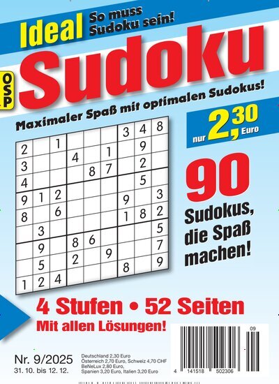 Titelbild der Ausgabe 9/2025 von Ideal Sudoku. Diese Zeitschrift und viele weitere Groschenromane und Rätselhefte als Abo oder epaper bei United Kiosk online kaufen.