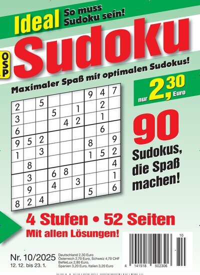 Titelbild der Ausgabe 10/2025 von Ideal Sudoku. Diese Zeitschrift und viele weitere Groschenromane und Rätselhefte als Abo oder epaper bei United Kiosk online kaufen.