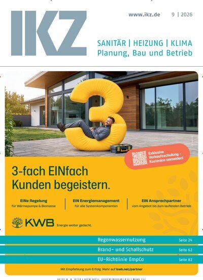 Titelbild der Ausgabe 9/2026 von IKZ Haustechnik. Diese Zeitschrift und viele weitere Architekturzeitschriften und Bauzeitschriften als Abo oder epaper bei United Kiosk online kaufen.