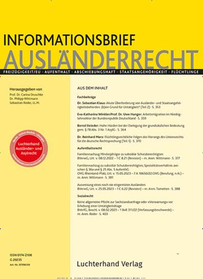 Titelbild der Ausgabe 9/2024 von Informationsbrief Ausländerrecht. Diese Zeitschrift und viele weitere Jurazeitschriften und Zeitschriften für Verwaltung als Abo oder epaper bei United Kiosk online kaufen.