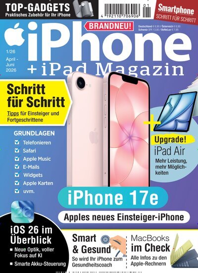 Titelbild der Ausgabe 1/2026 von iPhone & iPad Magazin. Diese Zeitschrift und viele weitere Audiomagazine, Filmmagazine und Fotozeitschriften als Abo oder epaper bei United Kiosk online kaufen.